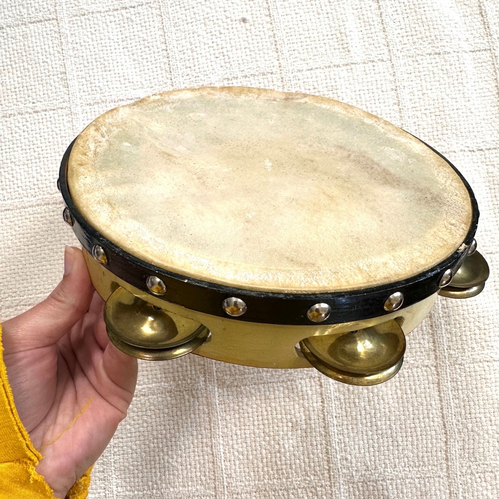 VTG 8" Tambourine Natural Skin Head Brass Jingles Wood Boho Folk Percussion Drum